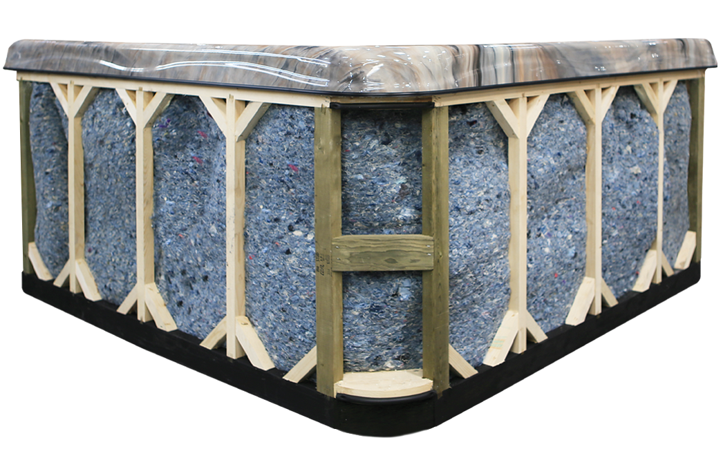 hot tub with side panels removed, displaying the Pressure Treated Wood Cabinet Frame